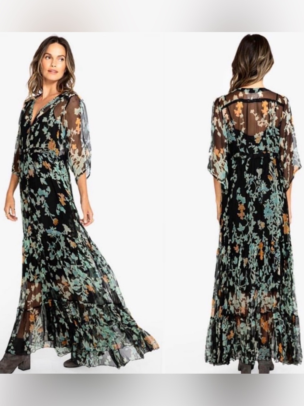 Johnny Was Daphne Black Floral Silk Tiered Maxi Dress Size Small